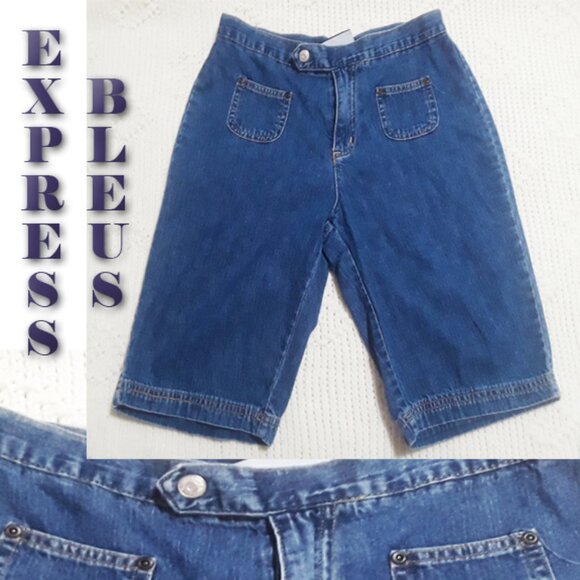 Express Bleus Vintage Denim Jeans Bermuda Shorts Sz-3/4 (T-396) - Picture 1 of 5